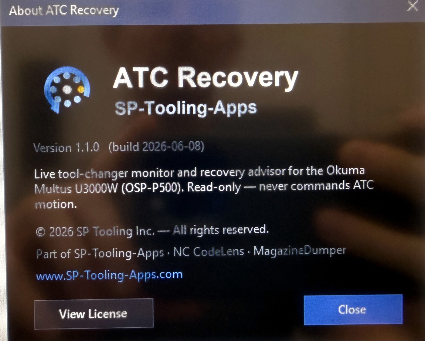 About dialog: ATC Recovery v1.1.0, a read-only tool-changer monitor for the Okuma Multus U3000W OSP-P500