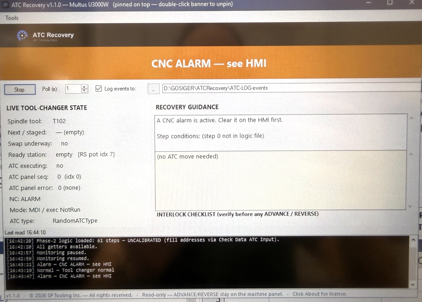 ATC Recovery app running on the OSP-P500 with an orange CNC ALARM banner, live tool-changer state, and step-by-step recovery guidance