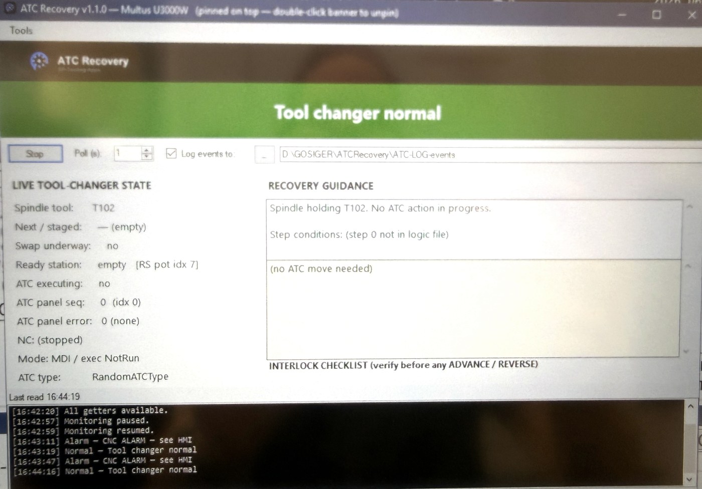 ATC Recovery showing a green Tool changer normal banner with live spindle tool and ATC state