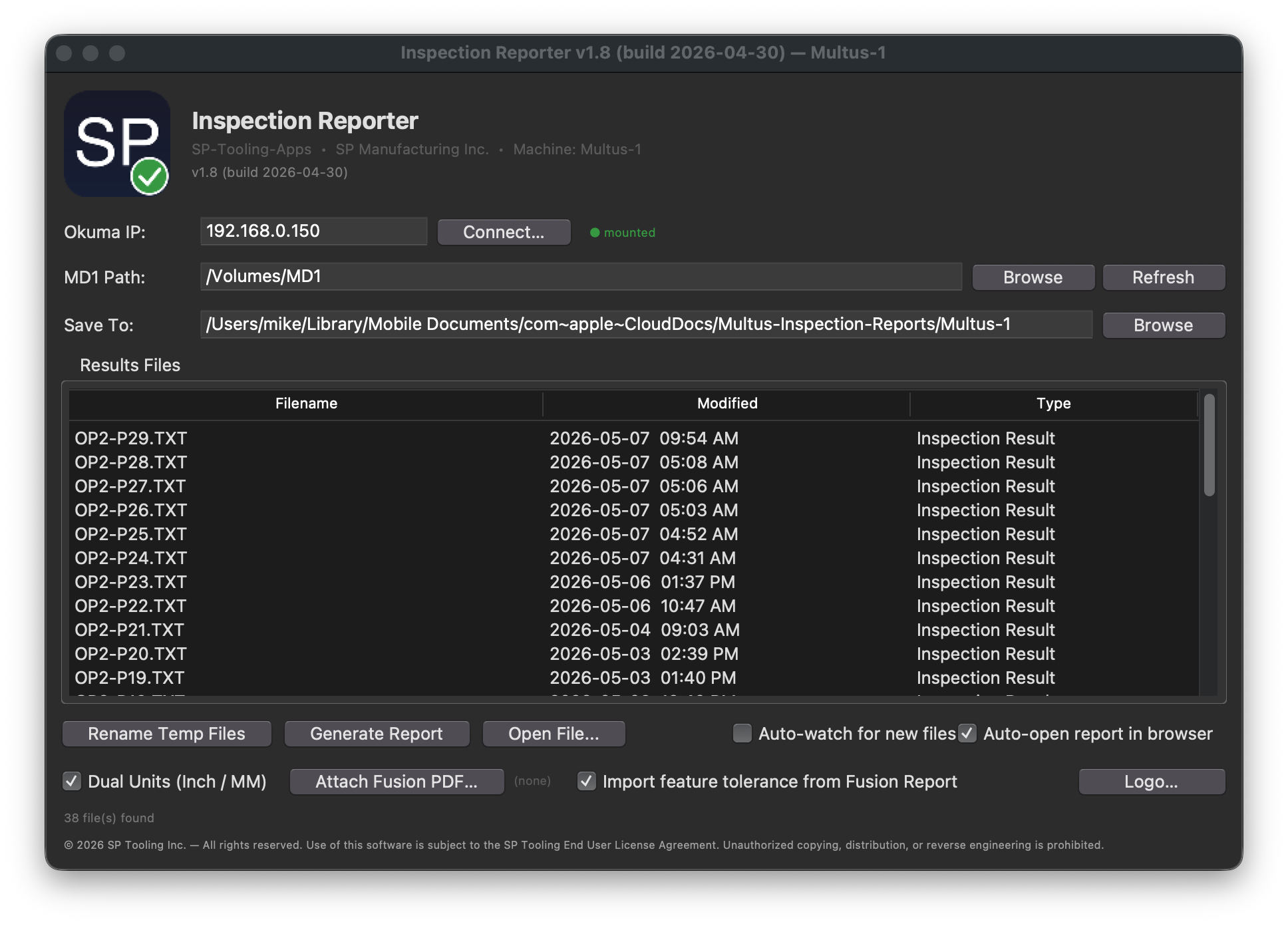 Inspection Reporter app showing a generated inspection report with per-feature actual values, deviations, and pass, warning, and fail color coding tied to part number and counting sequence