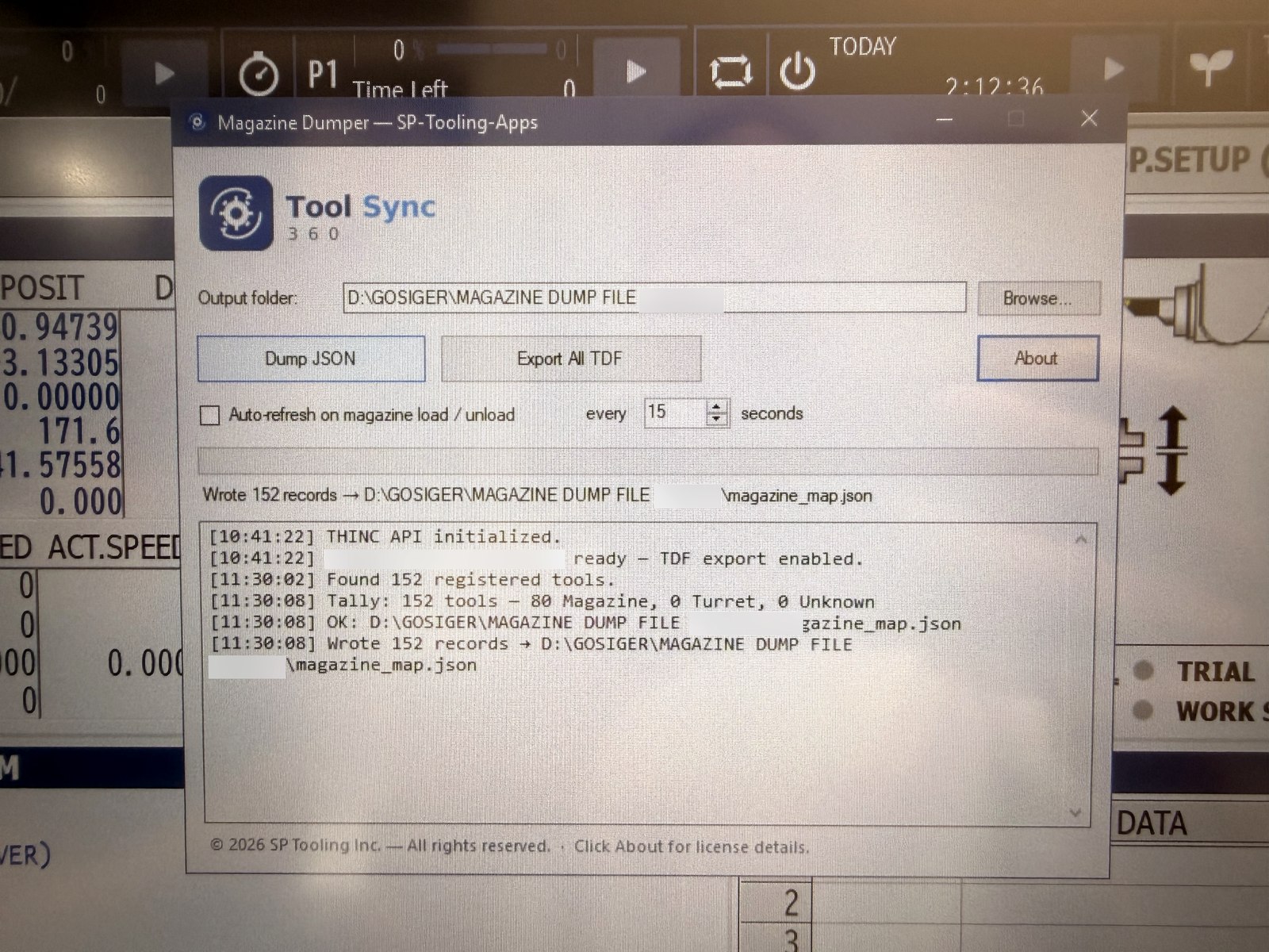 MagazineDumper, part of Tool Sync 360, running on the Okuma OSP-P500 control and dumping 152 registered tools to magazine_map.json with auto-refresh on magazine load and unload