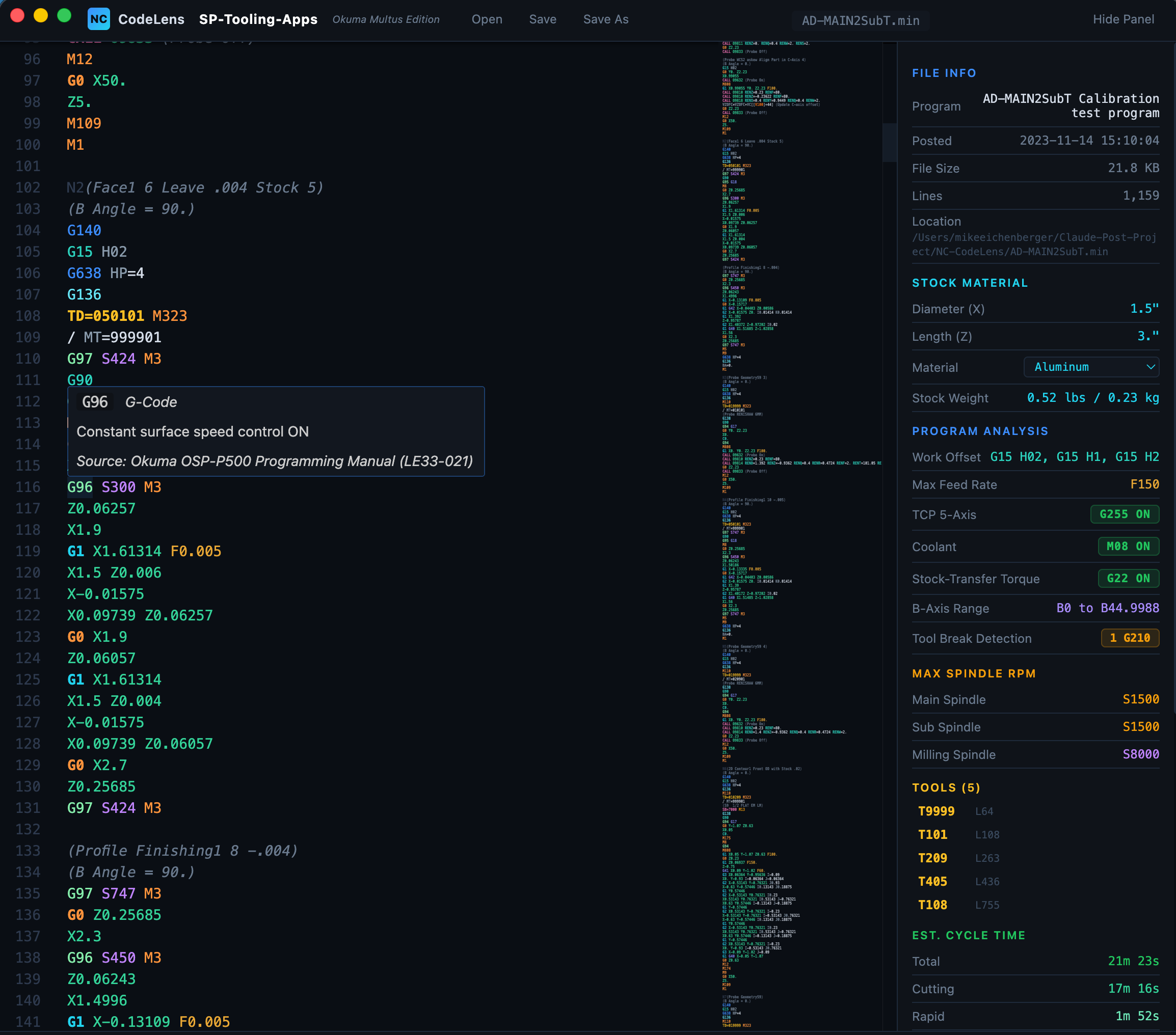 NC CodeLens full view showing NC code with G96 hover tooltip, file info, stock material weight calculation, and program analysis panel