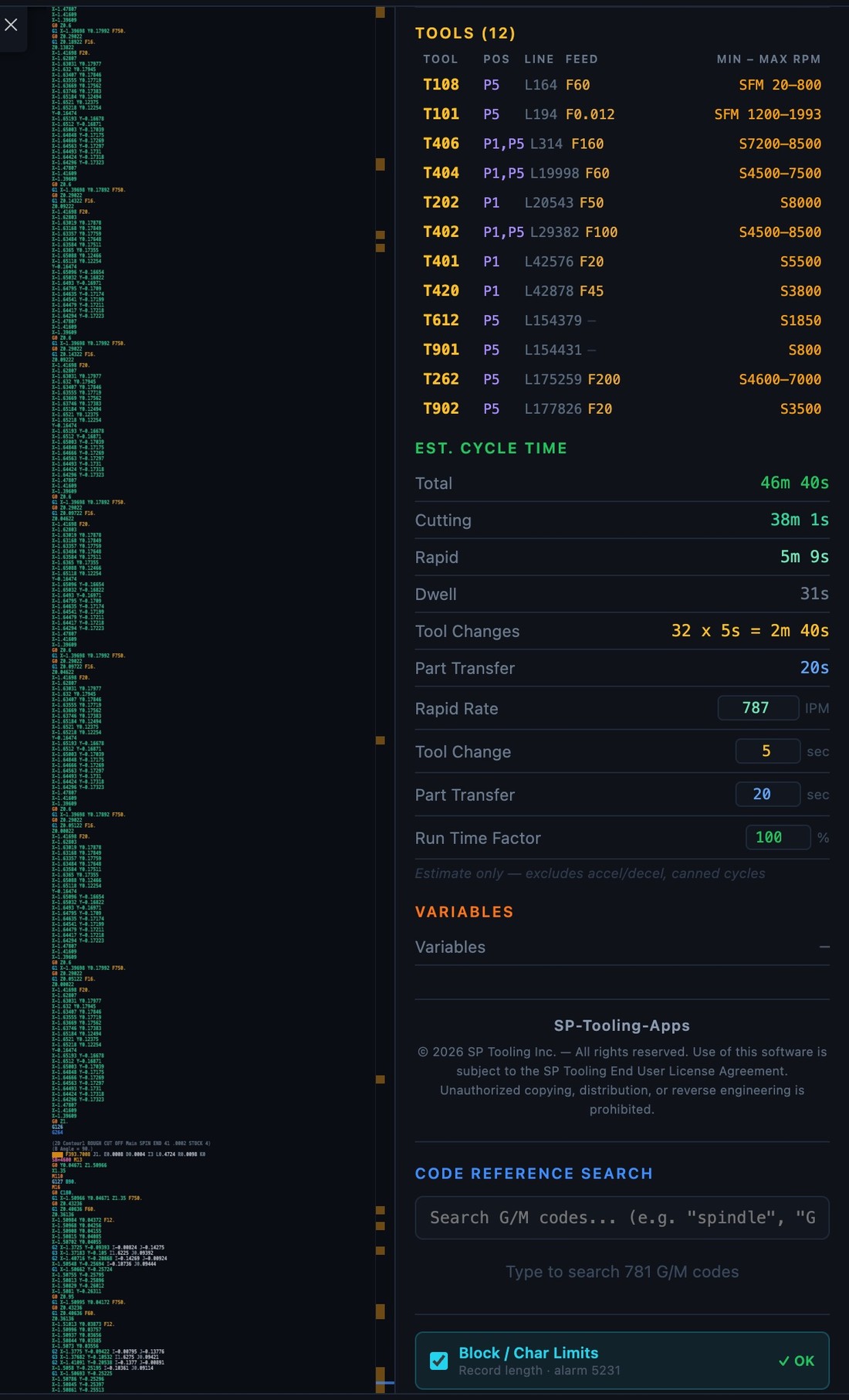 NC CodeLens overview panel showing the tool list with feeds and RPM, a full estimated cycle-time breakdown, code reference search, and a Block / Char Limits check