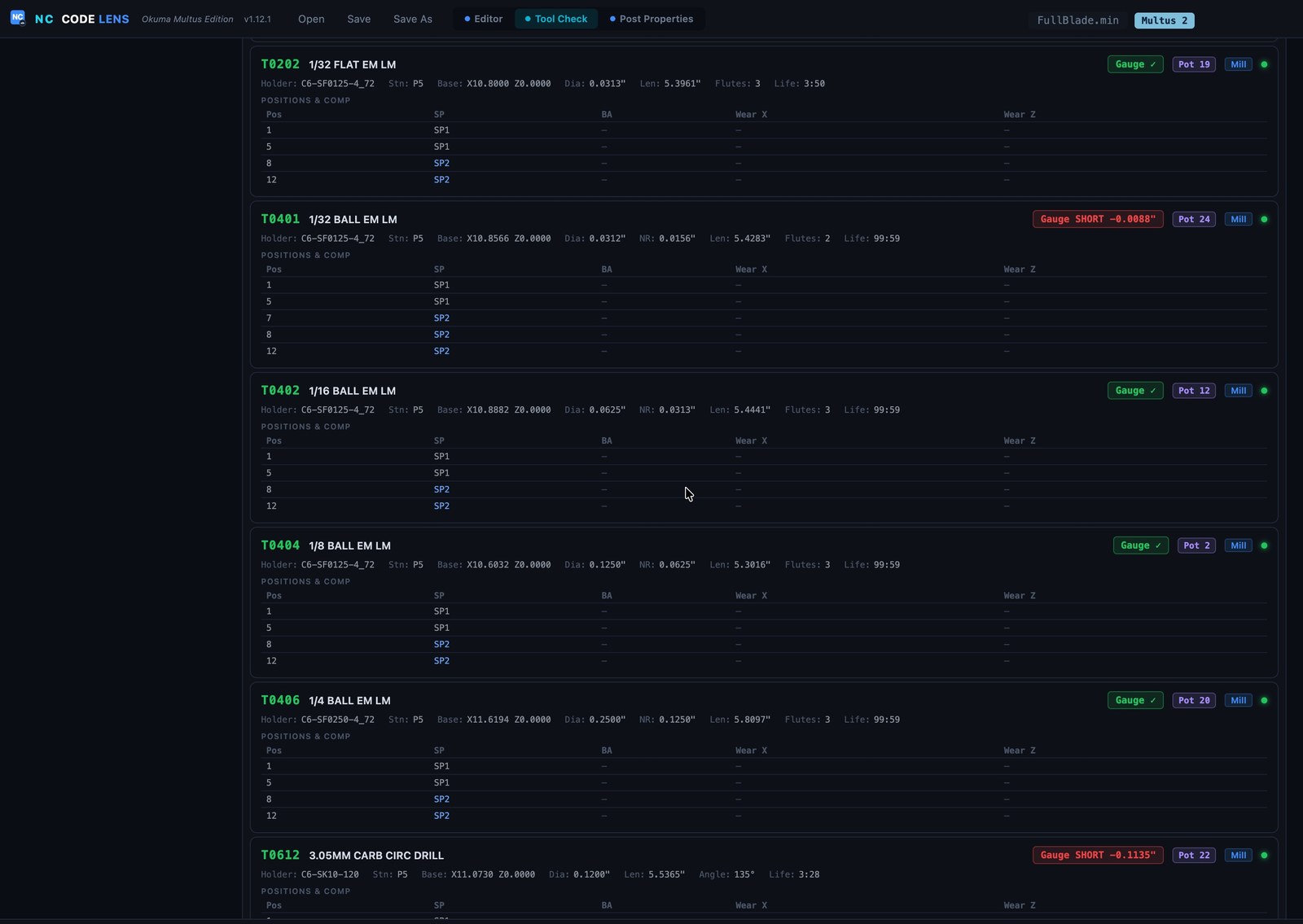 NC CodeLens Tool Check detail view listing each tool with holder, diameter, flute count, life, and pot, with green Gauge OK and red Gauge SHORT tolerance pills