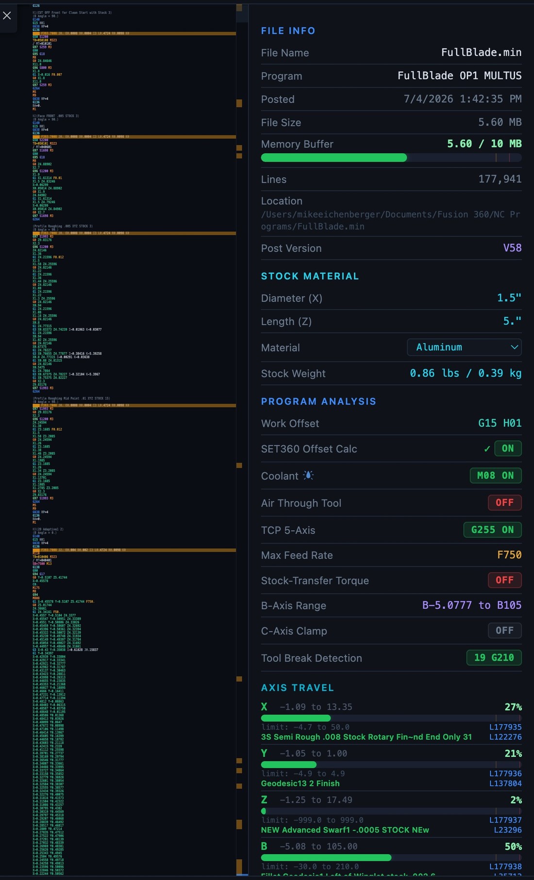NC CodeLens overview panel showing program analysis, memory buffer, SET360 offset calc, TCP, B-axis range, and per-axis travel bars with overtravel percentages