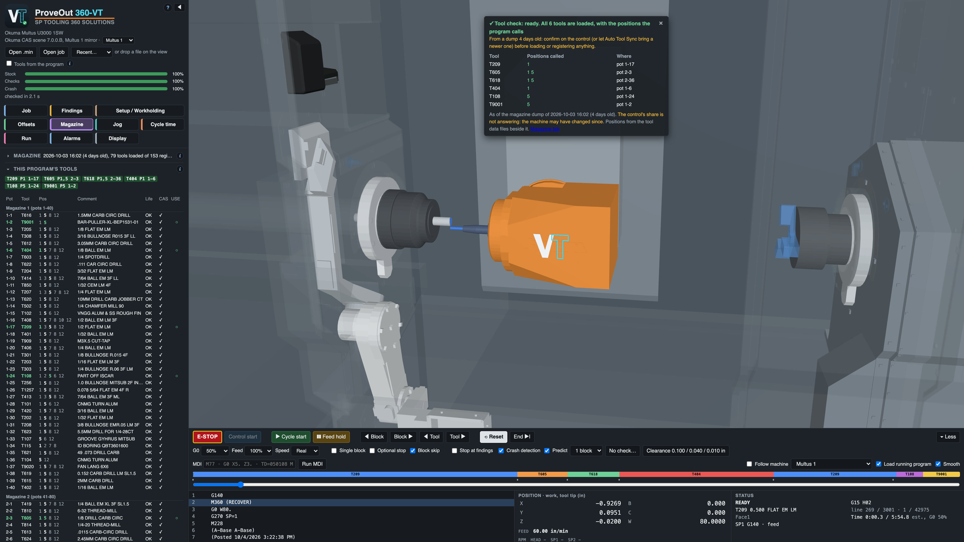 ProveOut 360-VT: the Magazine tab and the tool check, all six tools the program calls loaded at the positions it calls