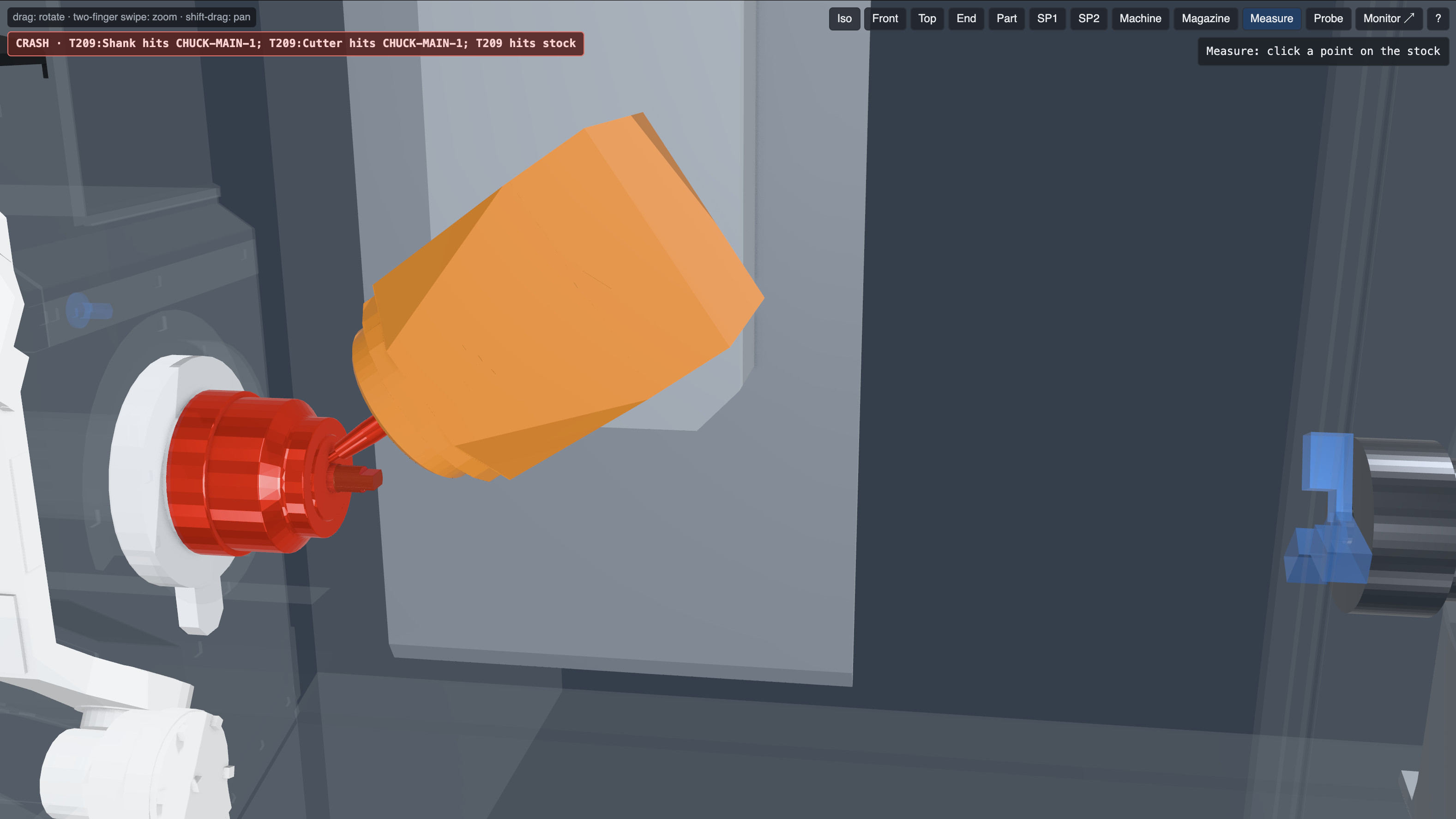 ProveOut 360-VT: a collision between the tool and the main chuck, shown in red