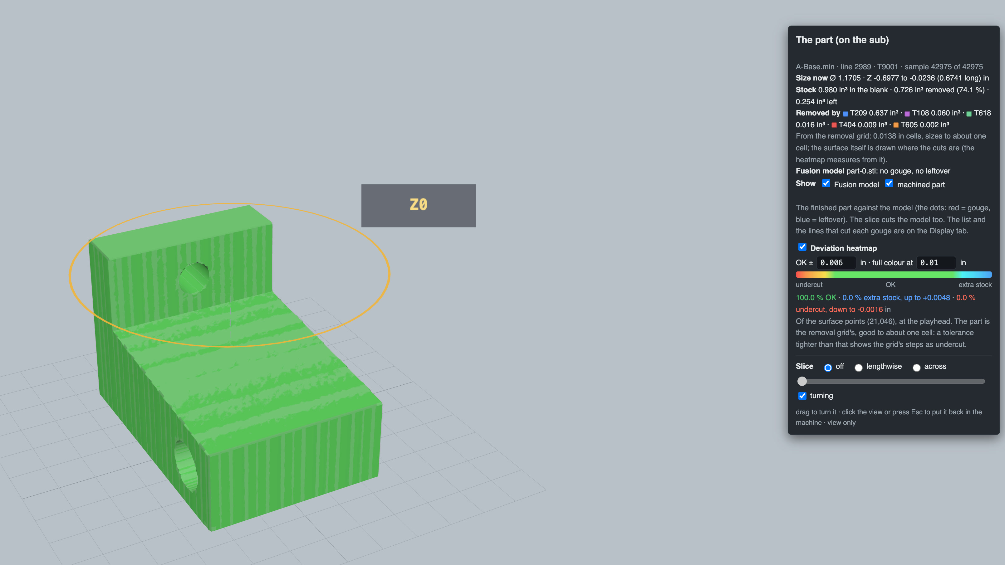 ProveOut 360-VT: the finished A-Base part against its Fusion model, deviation heat map at plus or minus 0.006 in, 100 percent OK