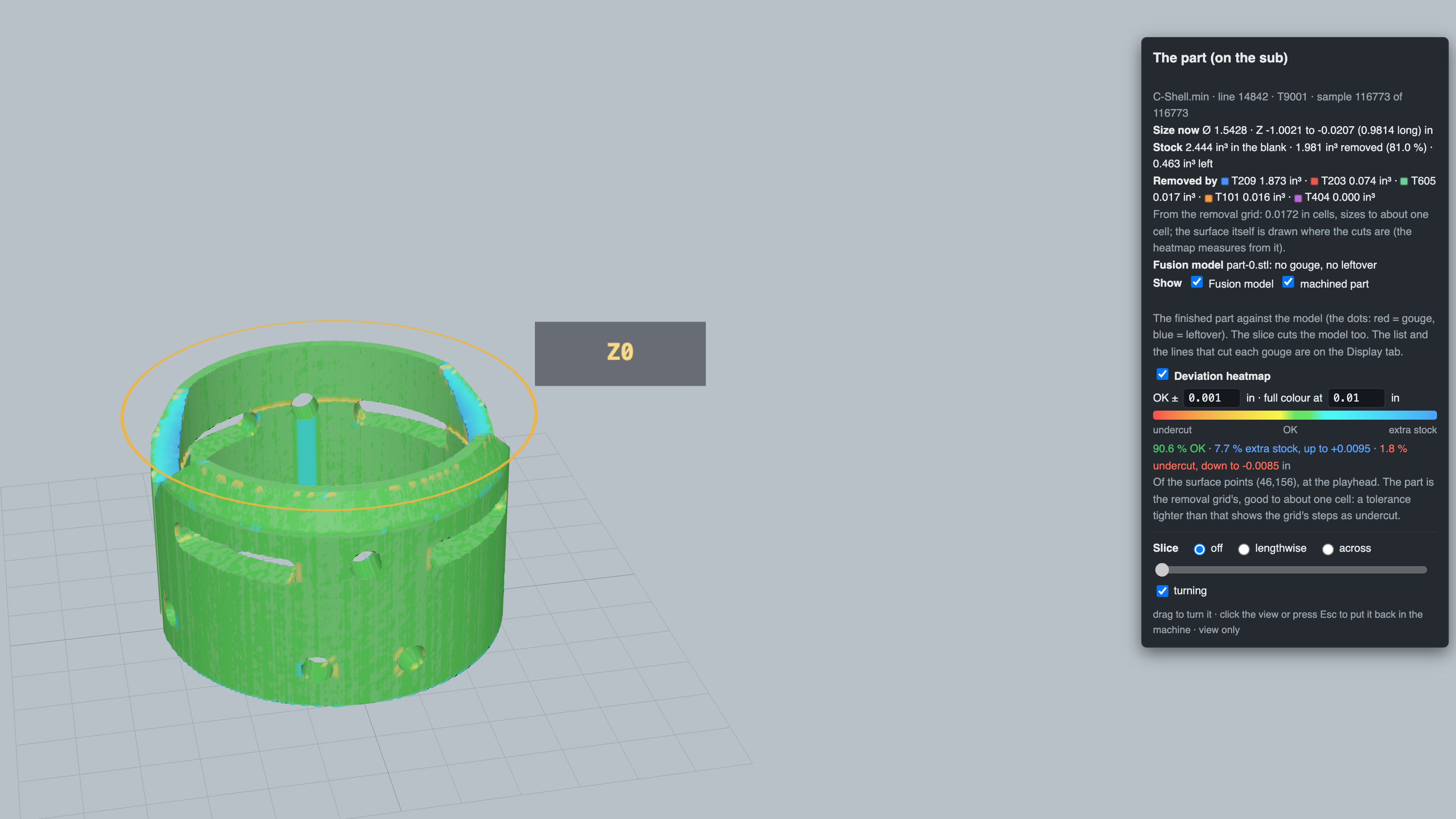 ProveOut 360-VT: a second part, the Clam Shell, against its Fusion model with the deviation heat map at plus or minus 0.001 in