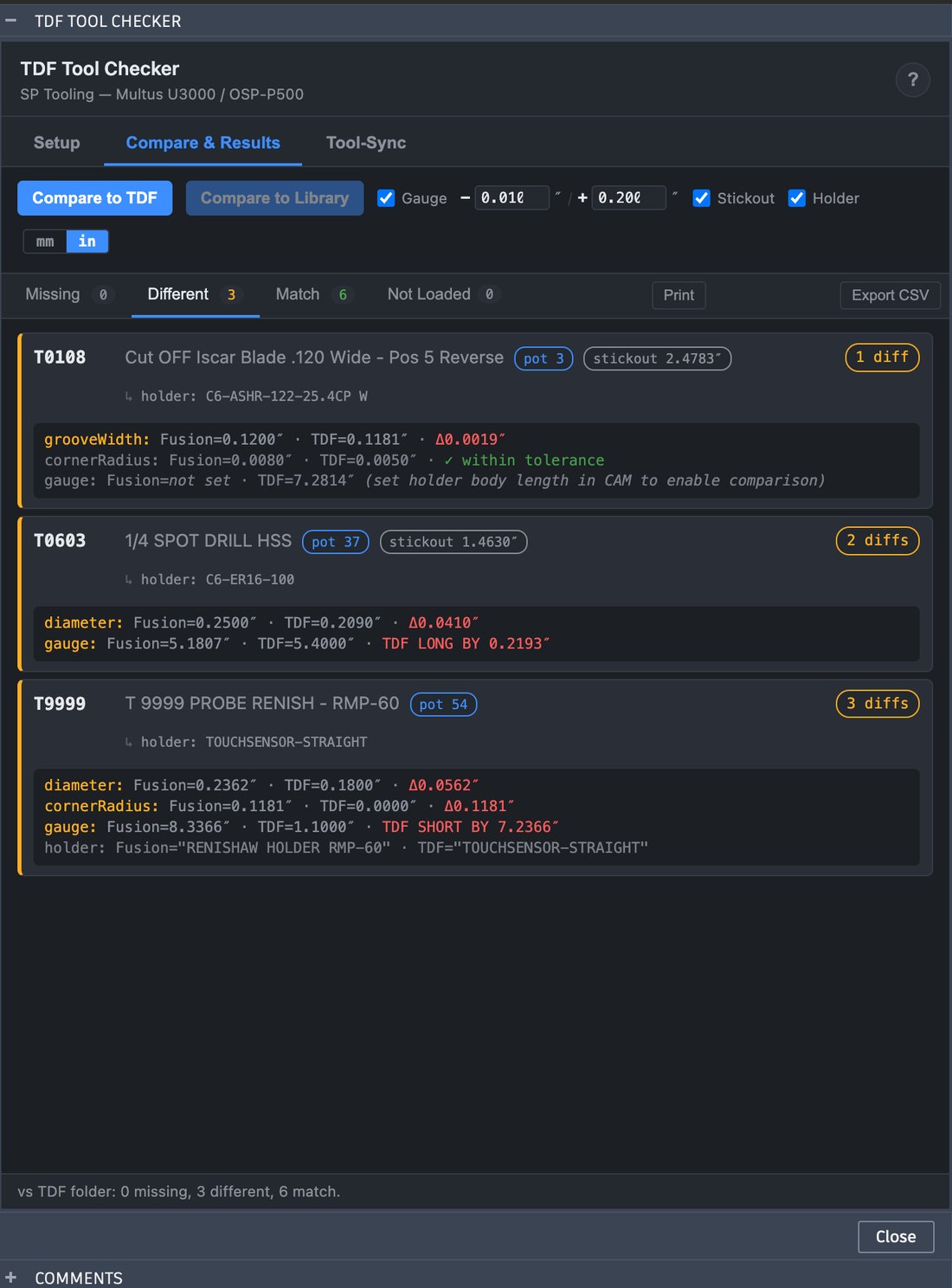 TDF Tool Checker Compare results showing tools that differ, with red deltas for diameter and gauge length too long or too short, and holder mismatches