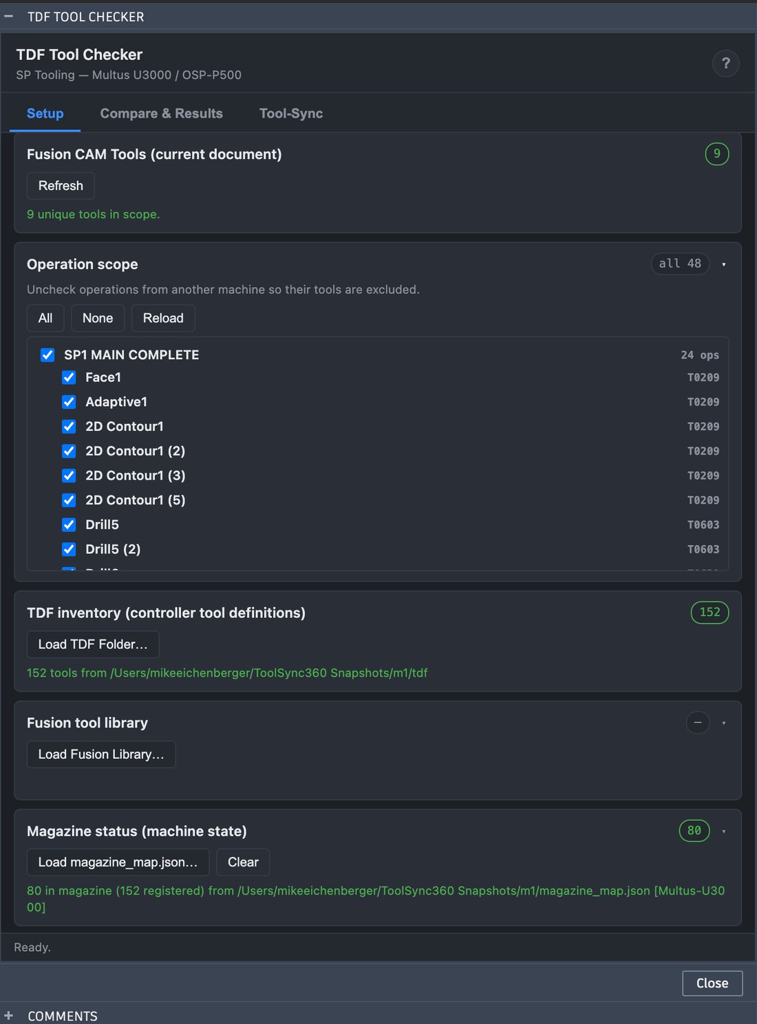 TDF Tool Checker Setup tab showing Fusion CAM tools in scope, per-operation tool selection, TDF controller inventory, and live magazine status