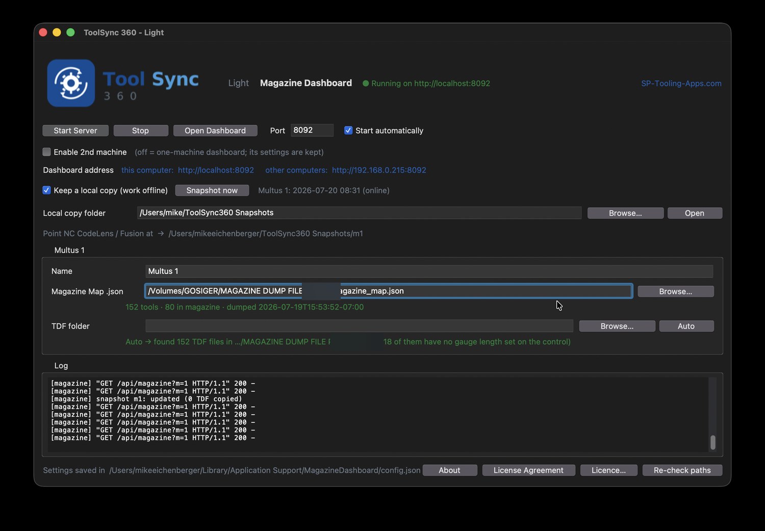 Tool Sync 360 Light desktop app with start and stop server controls, port setting, dashboard address, keep a local copy for offline work, and per-machine magazine map configuration