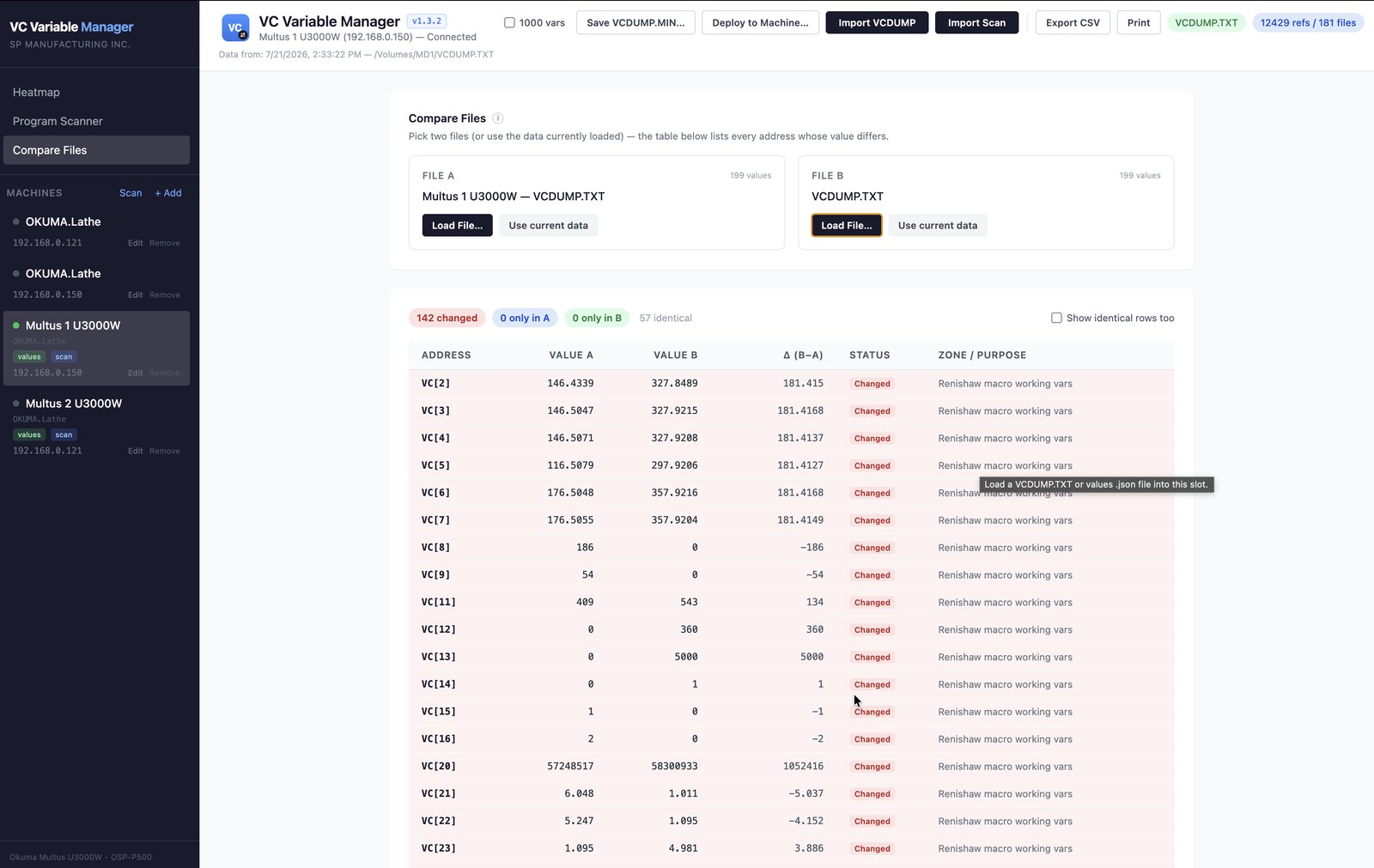 VC Variable Manager Compare Files view diffing two VCDUMP files, listing every address whose value differs with value A, value B, delta, status, and zone